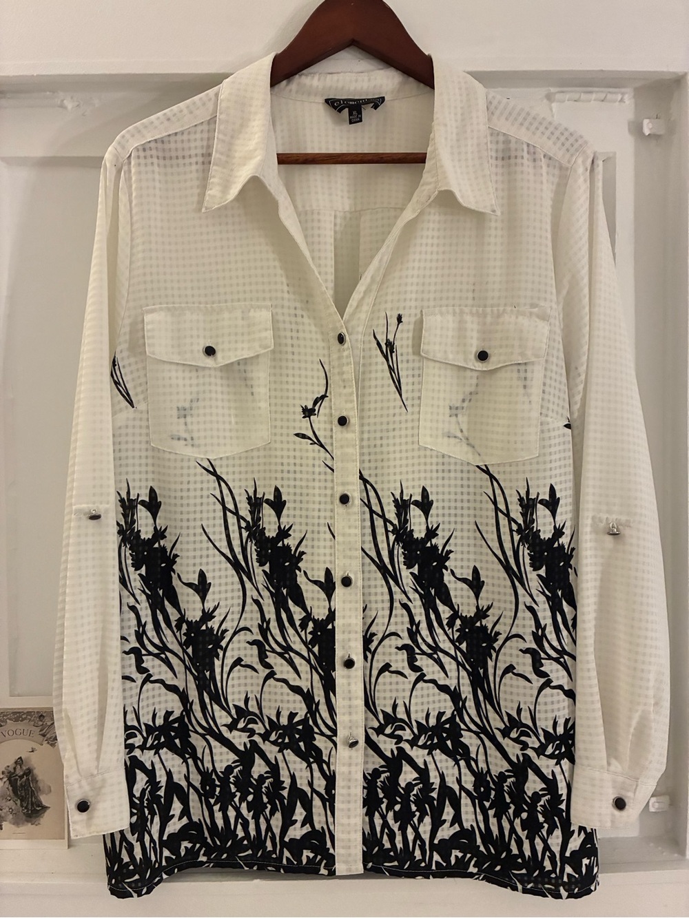 Elementz White Button-Down Shirt with Black Floral Border - semi sheer - shown